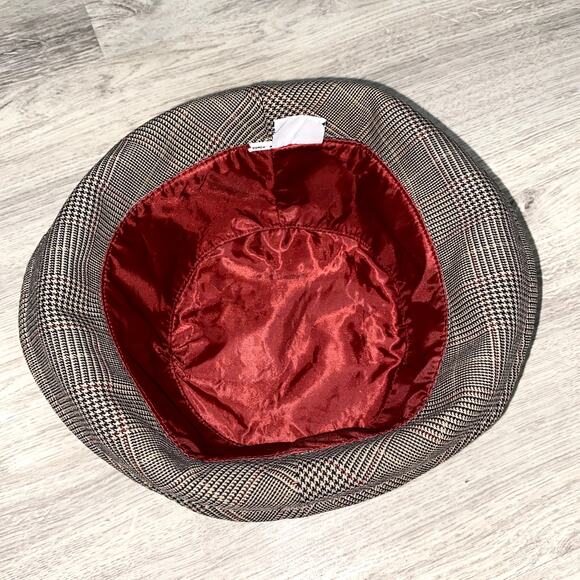 Brown Plaid Check Fedora Trilby Hat with Red Satin Lining - Picture 5 of 6